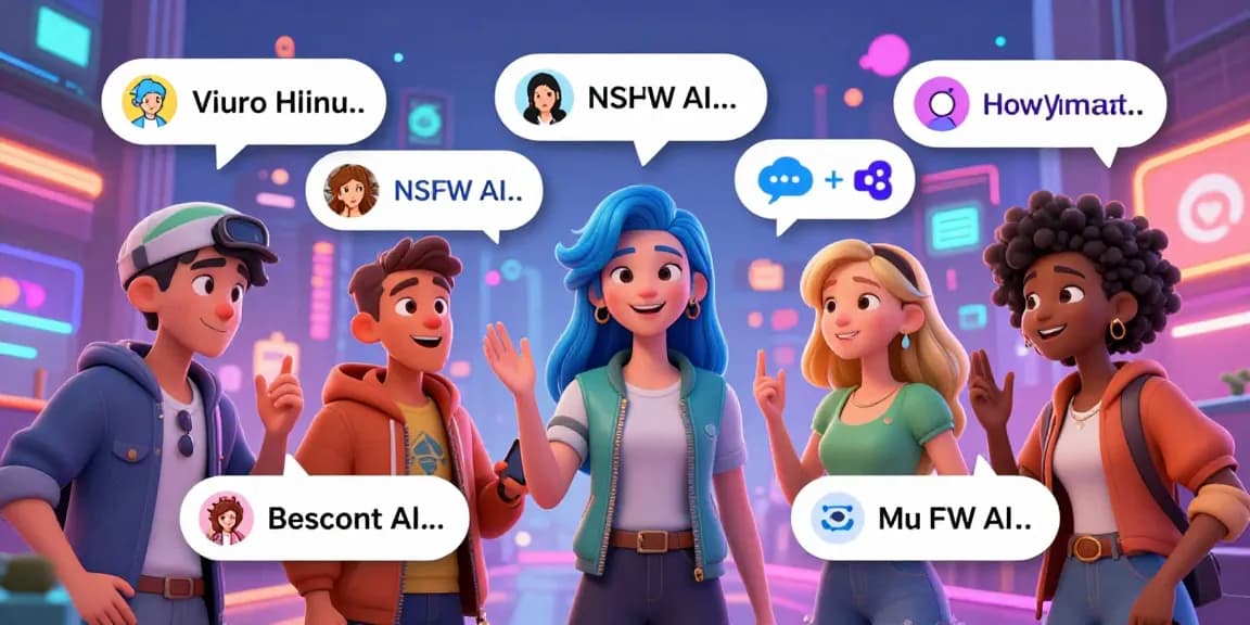 Interactive NSFW AI chat scene with diverse characters and playful dialogue in a vibrant digital atmosphere.