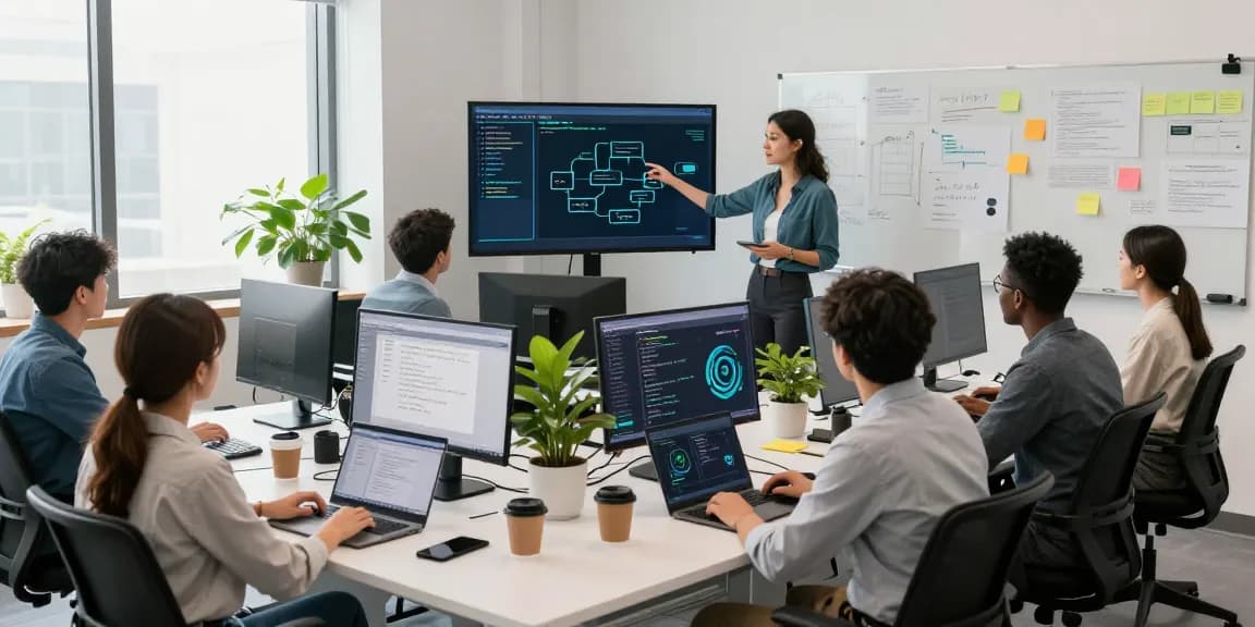 Team collaborating on AI automation projects in a modern tech workspace, featuring diverse professionals engaged with digital screens and laptops.
