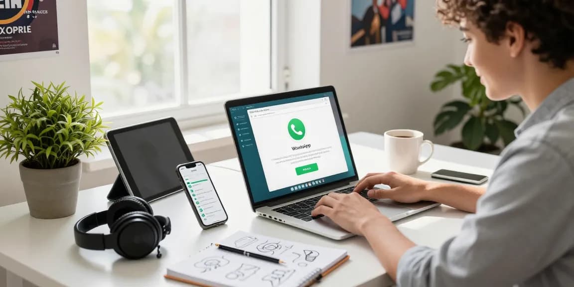 Young professional using WhatsApp電腦版 on a sleek laptop in a bright workspace