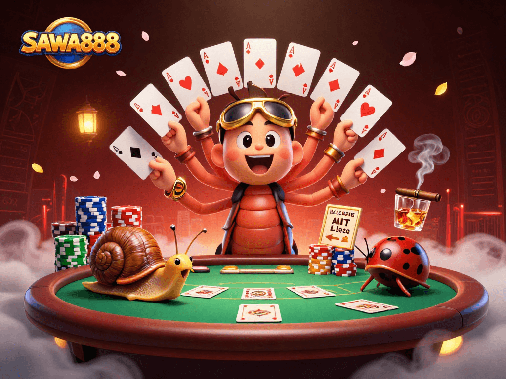 Engage in thrilling gameplay on SAWA888 as the millipede dealer finesses cards amidst vibrant casino elements.