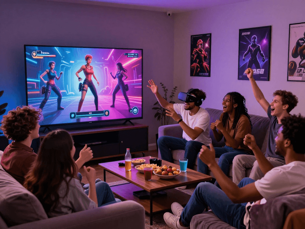 Players engaged in a sex simulator game in a cozy living room, celebrating camaraderie and fun.