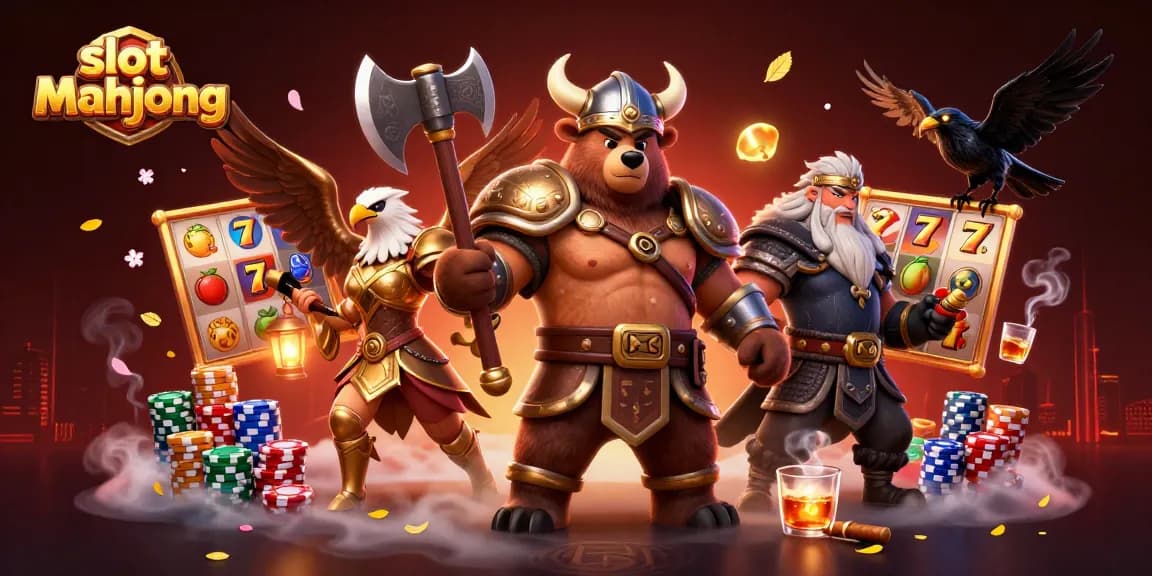 Engage with exciting slot mahjong gameplay in a vibrant 3D illustration of fantasy characters and casino elements.