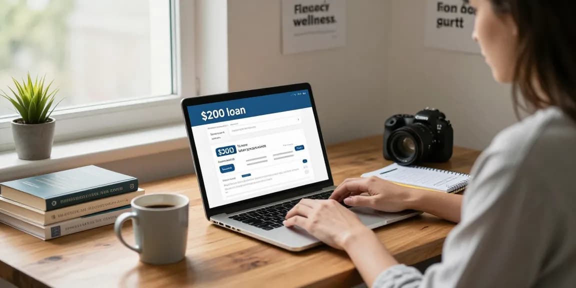A person applying for a 200 loan in a cozy home office with budgeting materials and coffee.