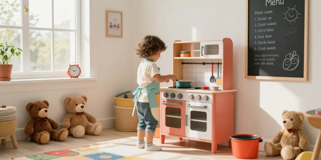 Child playing with a vibrant toy kitchen set, creating joyful cooking moments in a sunlit playroom.