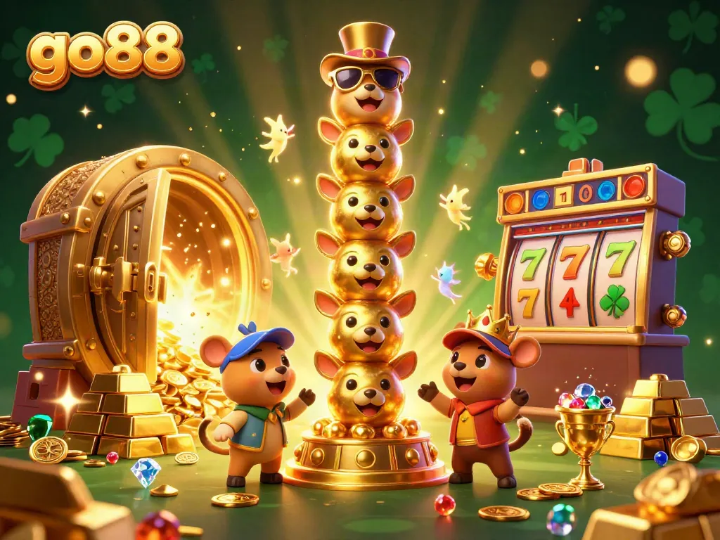 Experience thrilling gameplay with go88, featuring a vibrant casino scene rich in gaming elements and sparkling treasures.