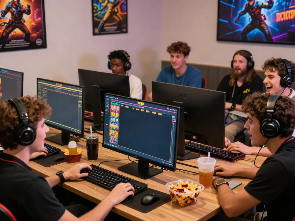 Exciting gaming atmosphere at TX88 featuring friends enjoying slot games on a computer.