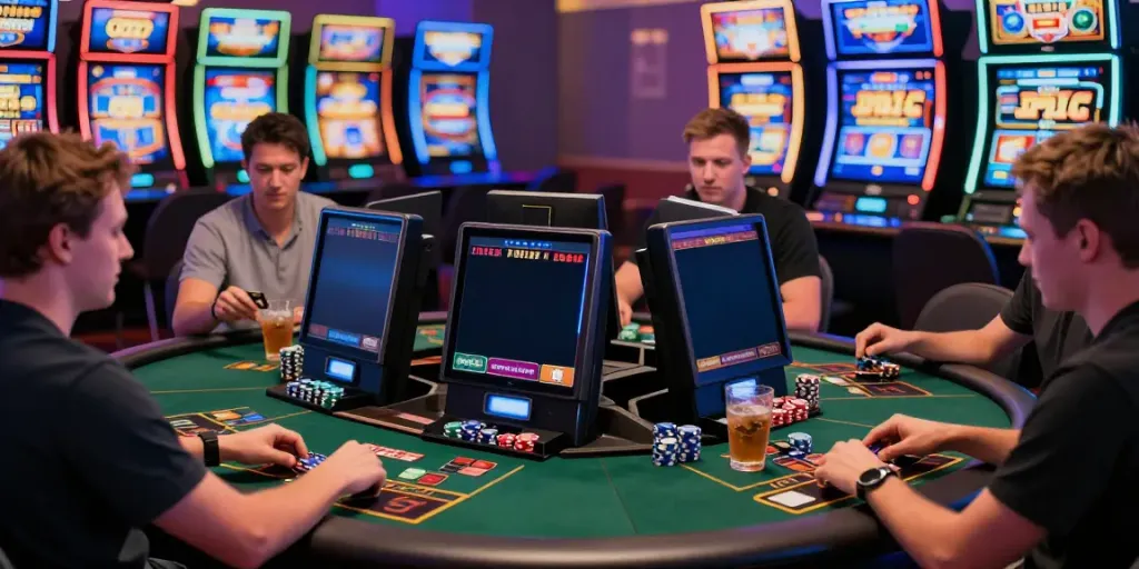 Exciting Mastercard casinos scene with players engaging at tables and slots, highlighting secure transactions.