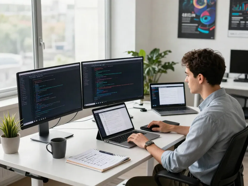 Developer utilizing instant indexing strategies in a bright tech office.
