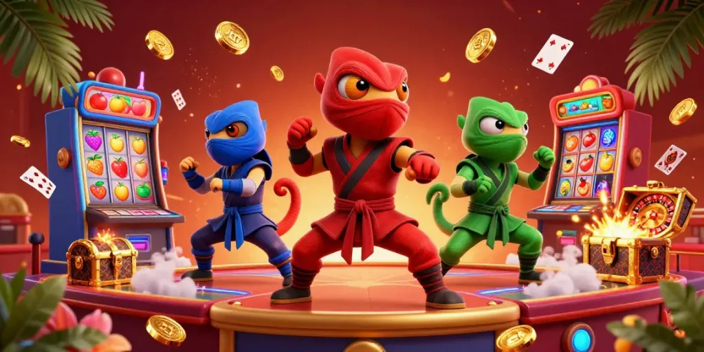 Experience the thrill of toto with ninja chameleons battling wins in a vibrant casino scene.