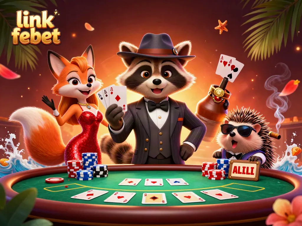 Experience thrilling gameplay at link febet with a vibrant poker scene featuring animated raccoon, fox, and hedgehog.