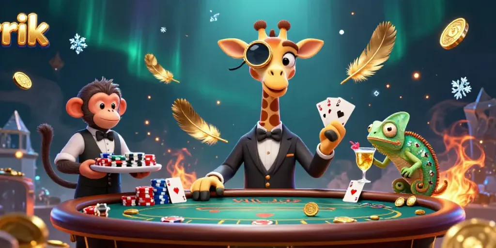 Engaging illustration of rik-themed casino scene with high-roller giraffe, dynamic poker action, vibrant colors.