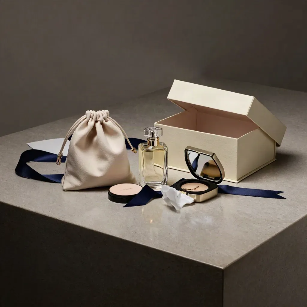 Ivory gift box spilling handbag dust bag, fragrance bottle and jewellery case on a stone plinth.