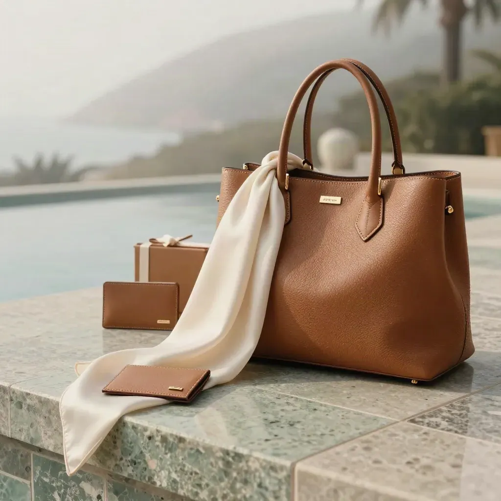 Tan leather tote on damp stone terrace with scarf, pouch and gift box