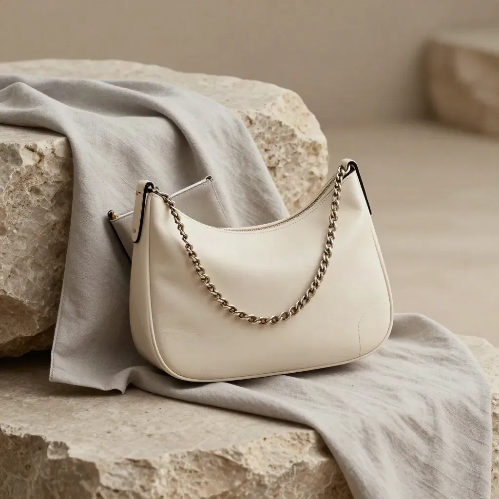 Ivory Luna Chain Shoulder Bag half-uncovered on linen over limestone with dust pouch and slim wallet.