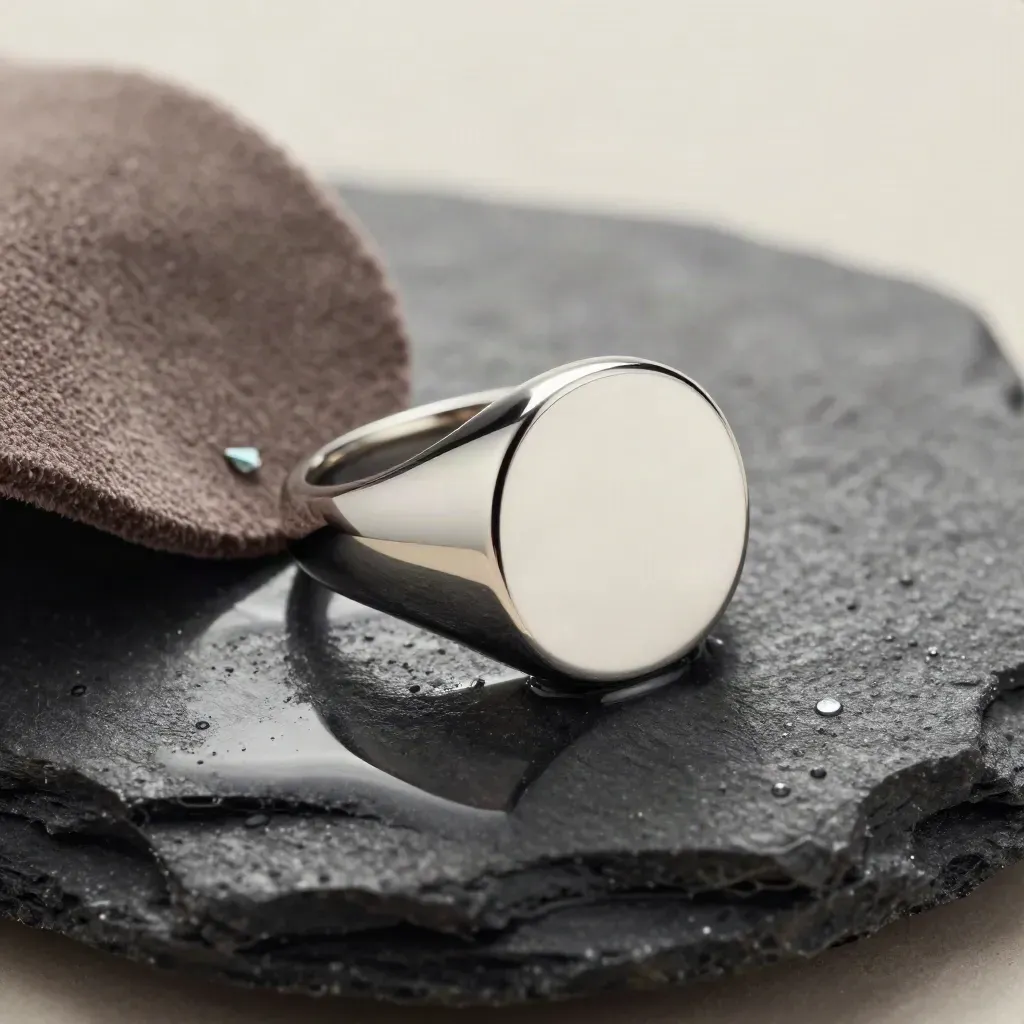 Macro signet ring on wet charcoal stone with suede swatch, mirrored shard and mist beads