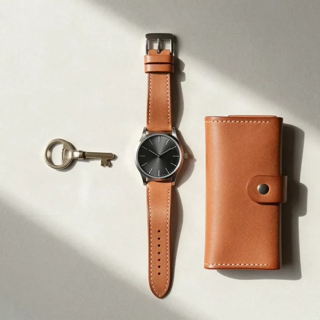 Overhead flatlay of an open leather watch with strap, brass key fob and catchall on plaster