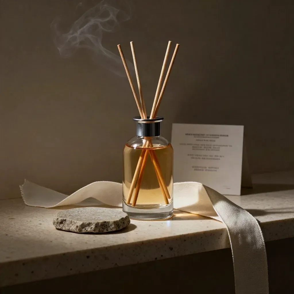 Sage glass diffuser with reeds on travertine beside a stone coaster and ivory linen ribbon.