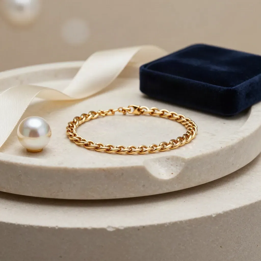 Gold chain bracelet on travertine tray with pearl and silk, navy accent
