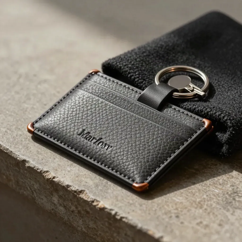 Charcoal leather card holder with key ring on a stone ledge beside a folded wool sleeve