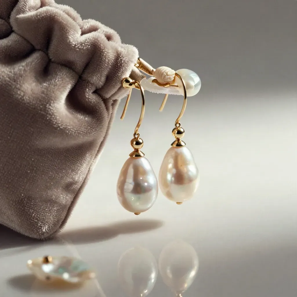 Macro pearl drop earrings with frosted acrylic, velvet pouch and tiny shell, softly lit