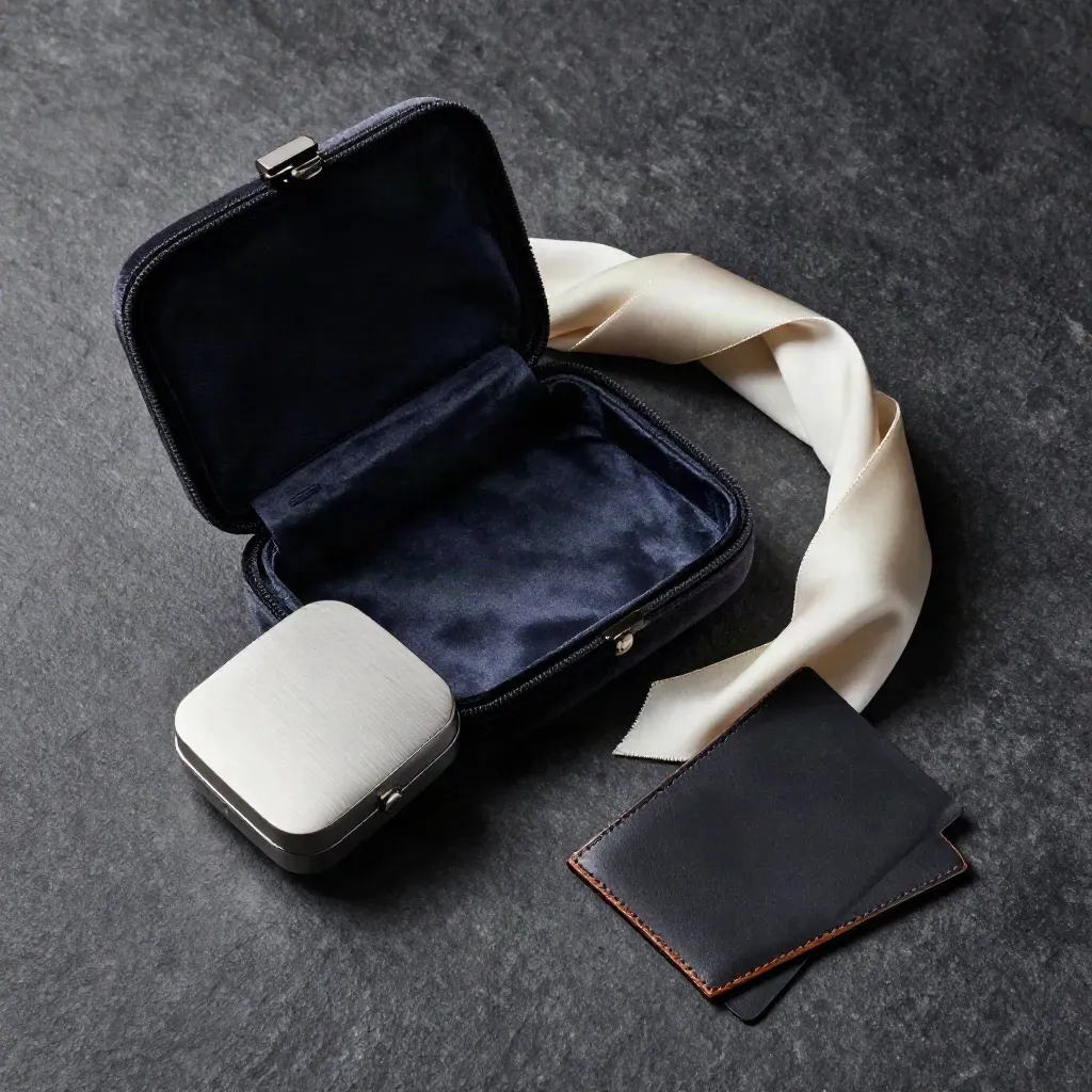 Open velvet clutch with jewel case, satin wrap and leather card on dark stone, shot overhead.