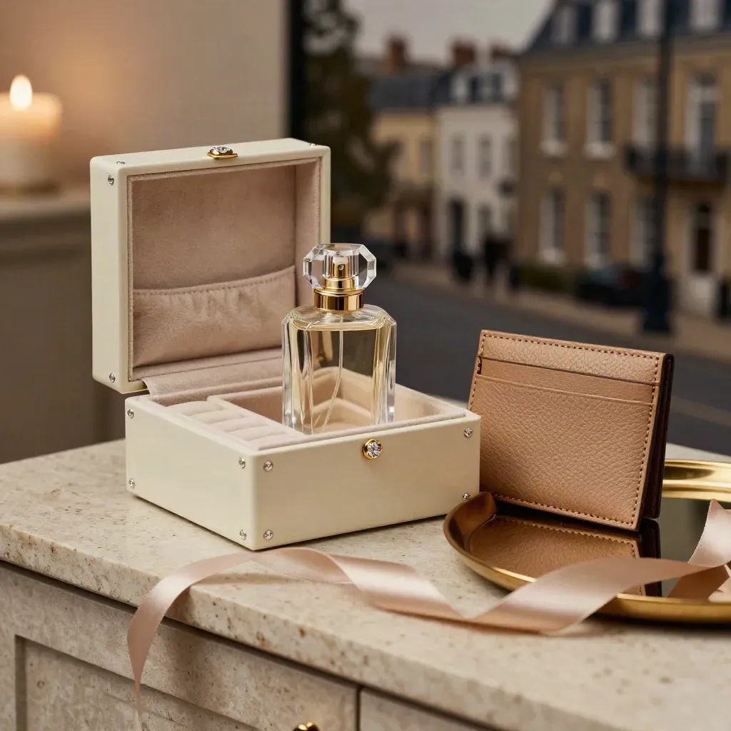 Jewellery box, fragrance bottle and leather card holder on travertine with warm golden evening haze.
