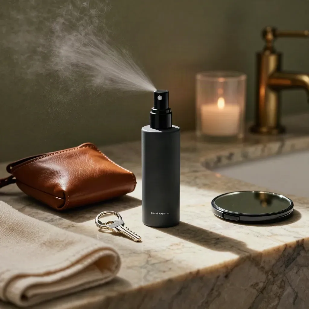 Noir Travel Atomiser with leather catchall, key ring and compact mirror on hotel marble