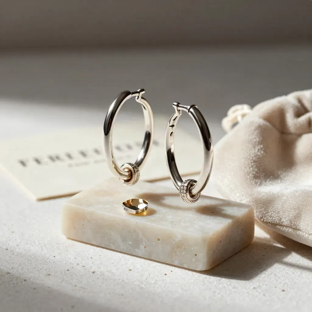 Silver huggie hoops on travertine with mirror shard and velvet pouch