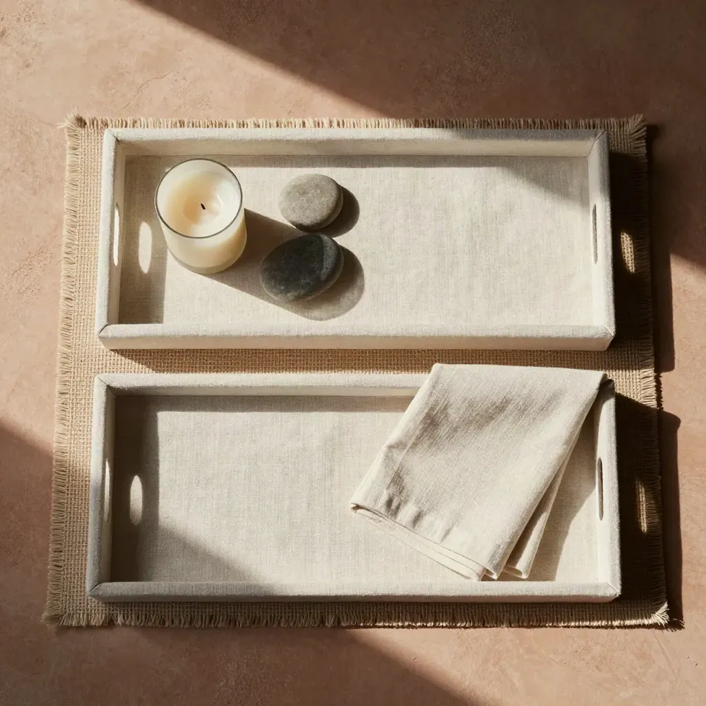 Overhead flatlay of linen trays with candle, stones and folded napkin on woven mat.