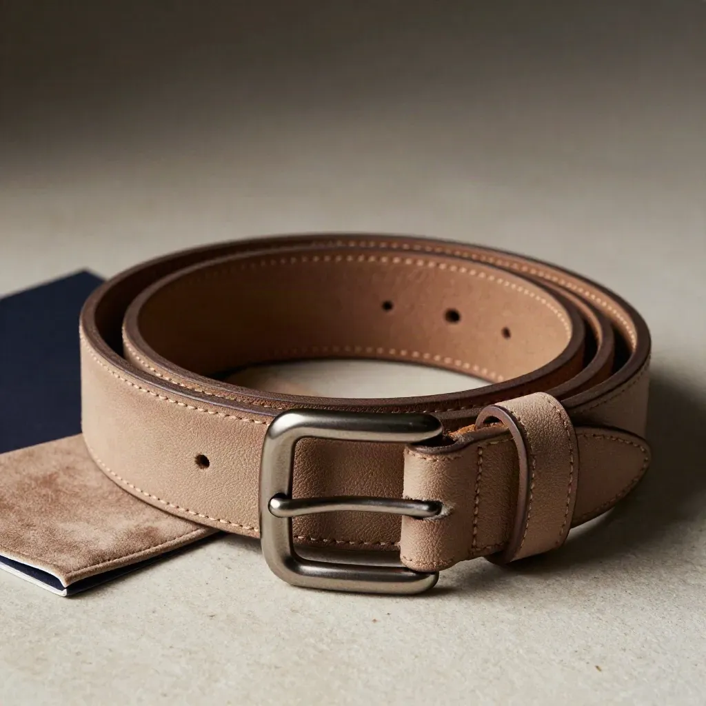 Sable leather belt looped with buckle and suede swatch on pale stone, with a navy card edge.