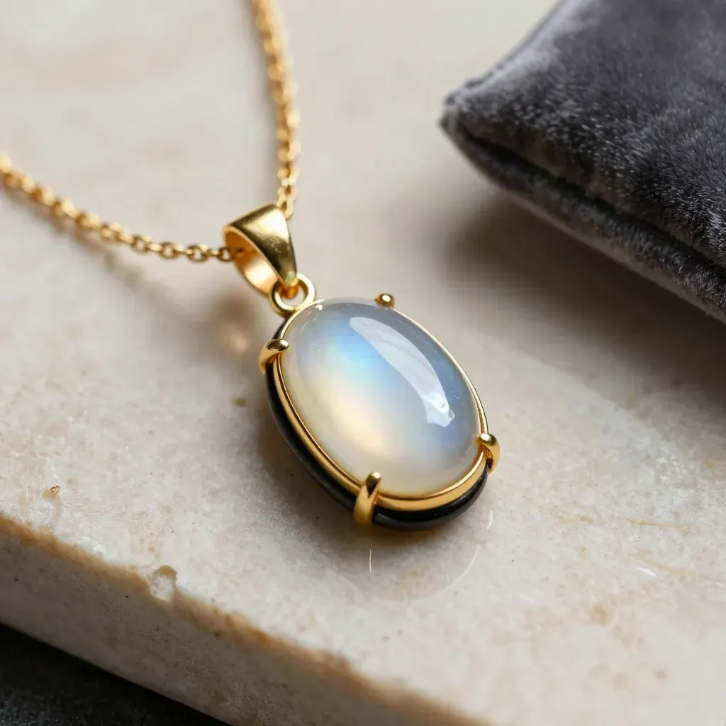 Moonstone pendant with crystal and velvet pad on dark stone, dramatic studio light.