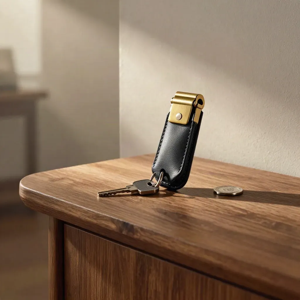 Charcoal leather key fob, folio and house key on brushed oak in soft afternoon light.