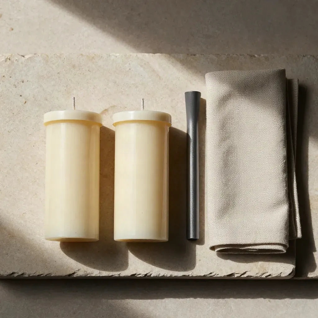 Ivory candle duo, matchbox, linen cloth and snuffer arranged on pale stone.