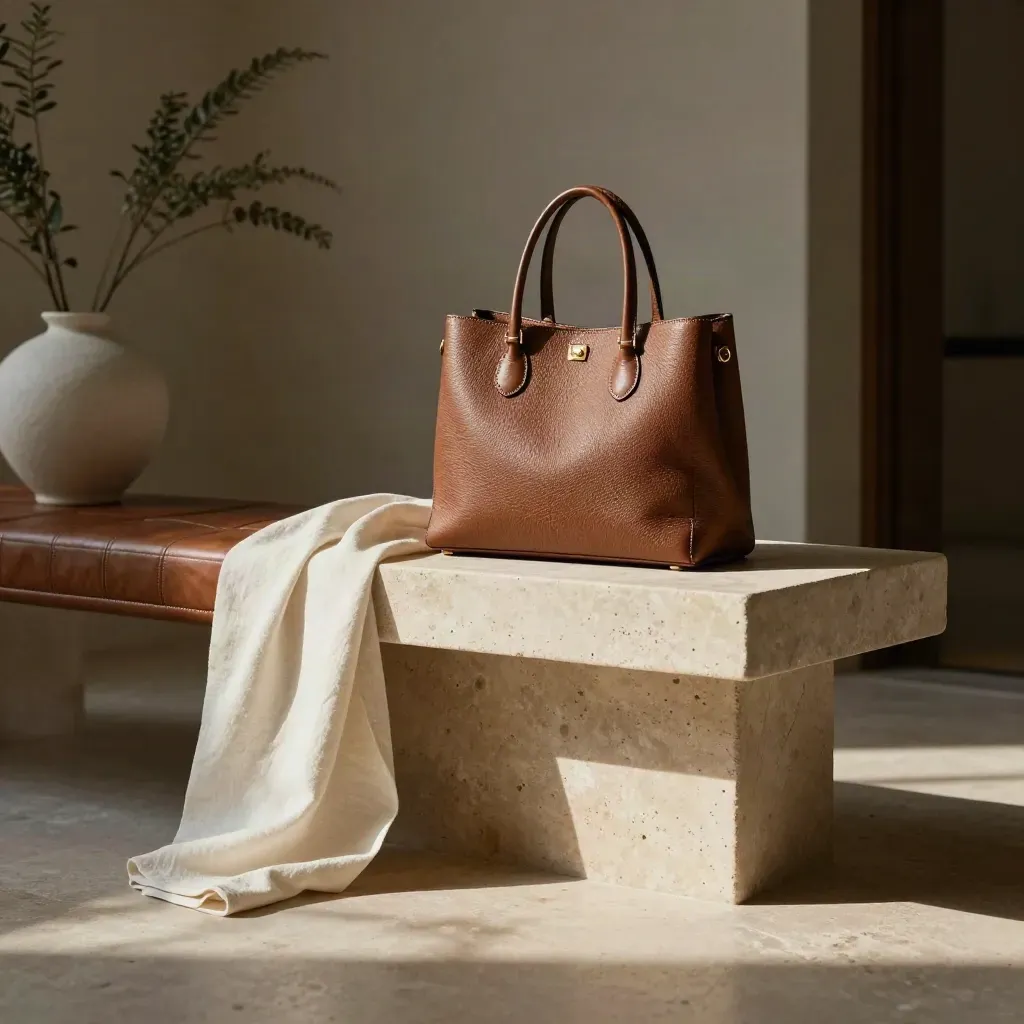 Walnut leather tote on limestone console with ivory vase and blurred greenery in soft afternoon light