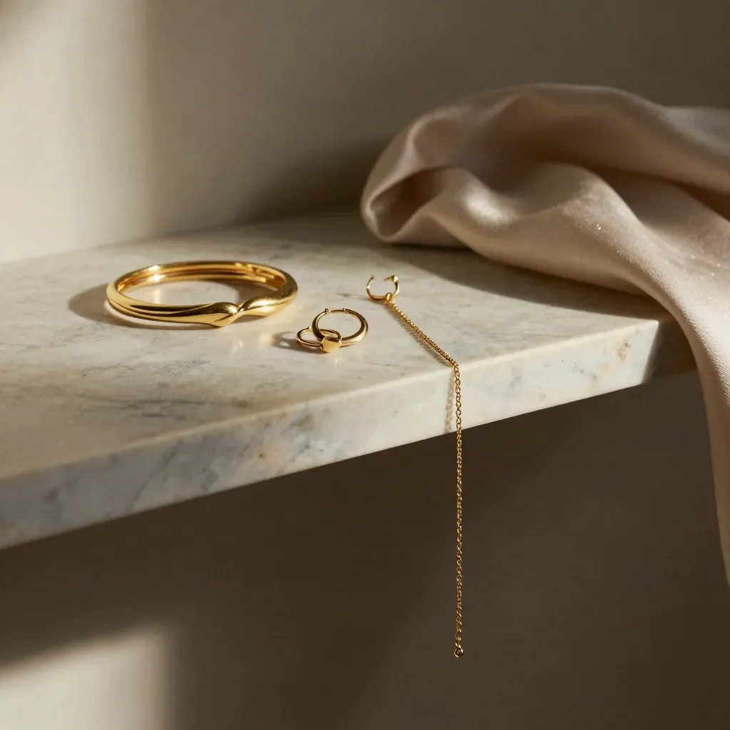 Marble shelf with gold jewellery, folded silk cloth, and calm copy space below.