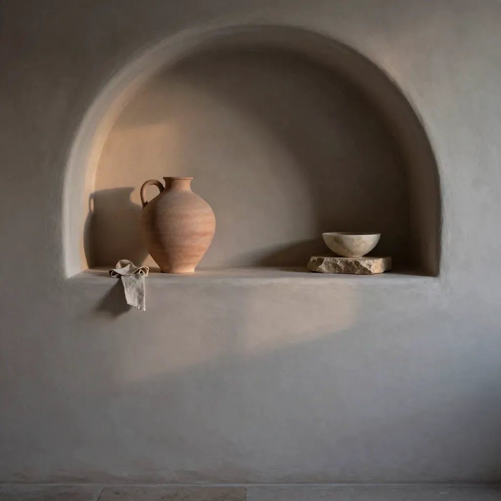 Pale plaster alcove with arched shelves, ceramic vessel and travertine bowl in dusk light.