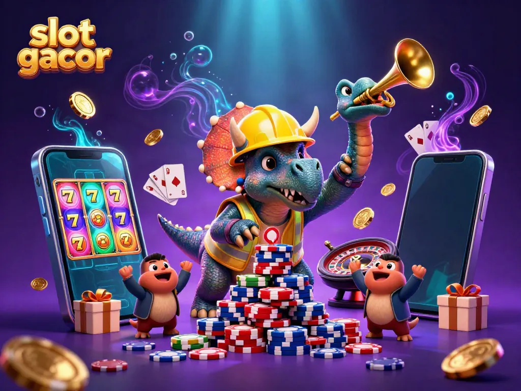Experience the excitement of slot gacor with playful triceratops and gaming elements in this vibrant illustration.