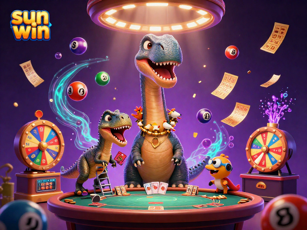 Experience immersive fun with sun win's vibrant 3D casino scene featuring playful characters and lively gaming elements.