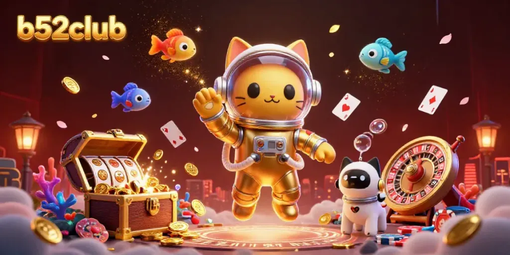 B52club offers a vibrant and dynamic gaming experience with 3D cartoon characters amid casino elements and treasures.