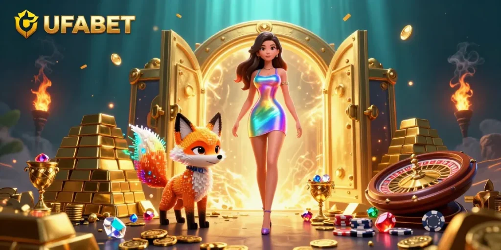 Experience the thrill of UFABET with a vibrant casino illustration featuring dynamic characters and jackpot elements.