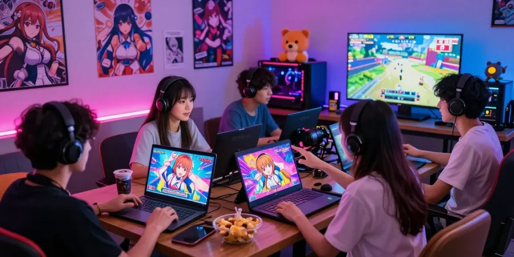 Exciting gaming scene with friends enjoying ecchi games on multiple devices in a cozy lounge.