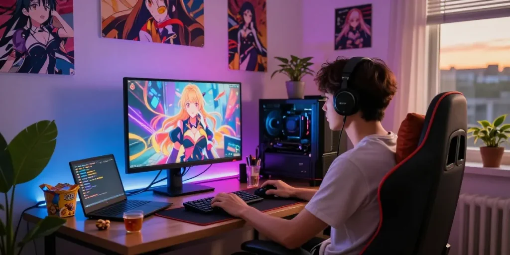 Engaged player enjoying a hentai game in a cozy gaming setup with LED lights and anime decor.