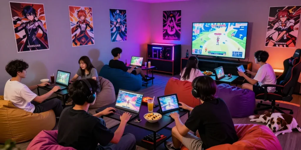 Engaging gaming lounge with friends enjoying hentaigames on devices, showcasing vibrant atmosphere.