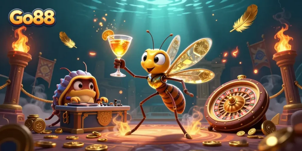 Engage with Go88's thrilling casino experience amidst dynamic gaming elements and vibrant characters.