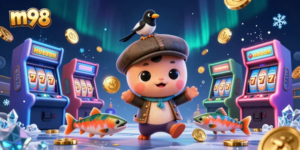 Engage in thrilling gameplay of m98 with vibrant slot machines, charming characters, and festive casino elements.