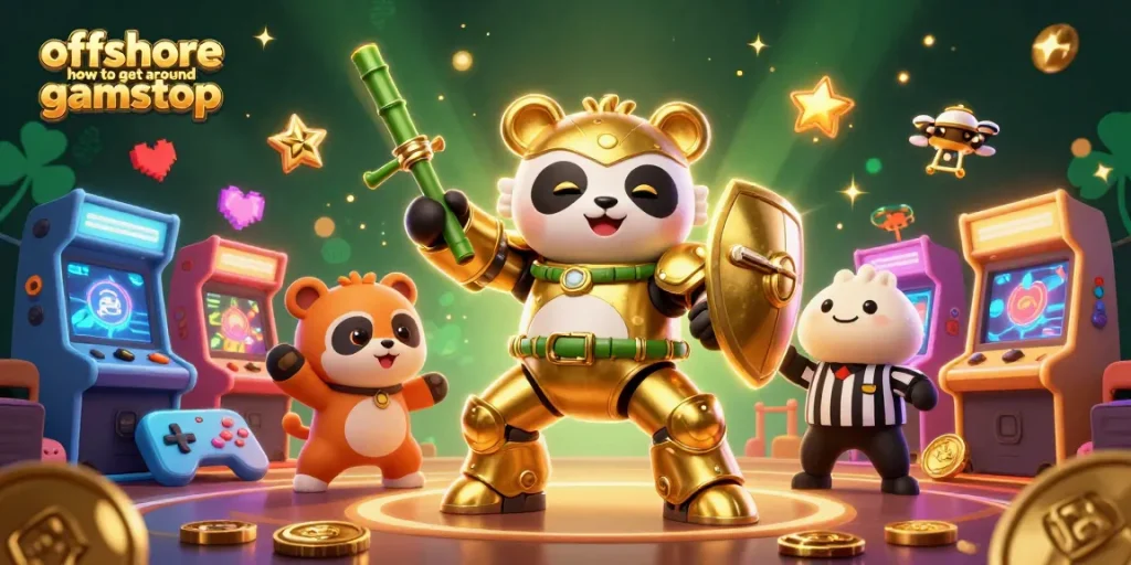 Engage with offshore how to get around gamstop in this vibrant casino-themed digital art, showcasing a golden mech-suit panda.