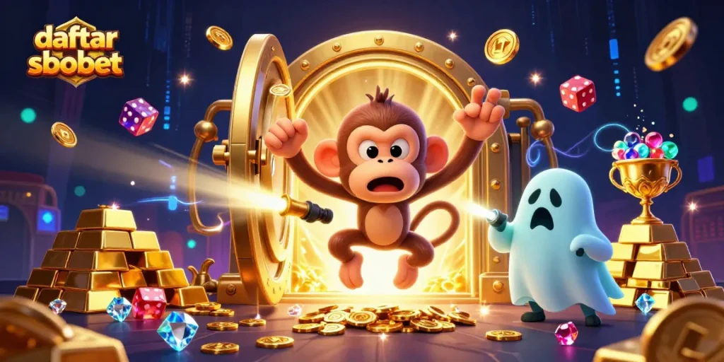Experience daftar sbobet with a playful ghost and puppy in a vibrant haunted casino scene.