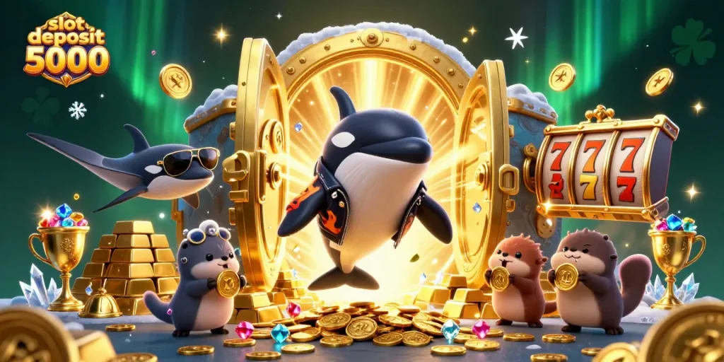 Experience thrilling gaming action with slot deposit 5000 in this vibrant, animated illustration.