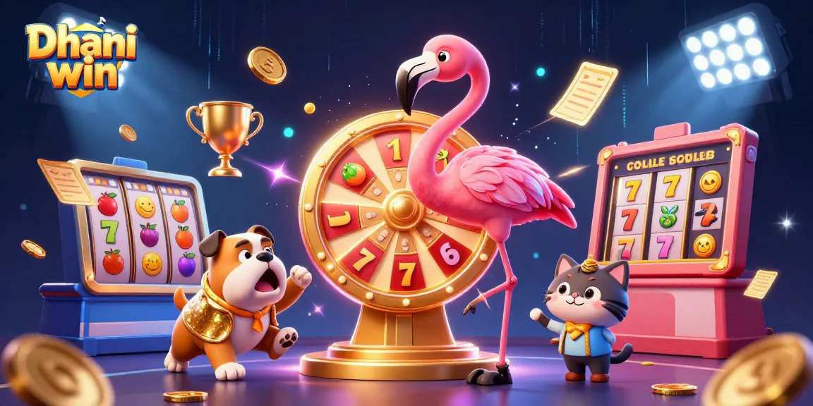 Dhani win game show with flamingo host, bulldog contestant, and prizes in an animated casino setting