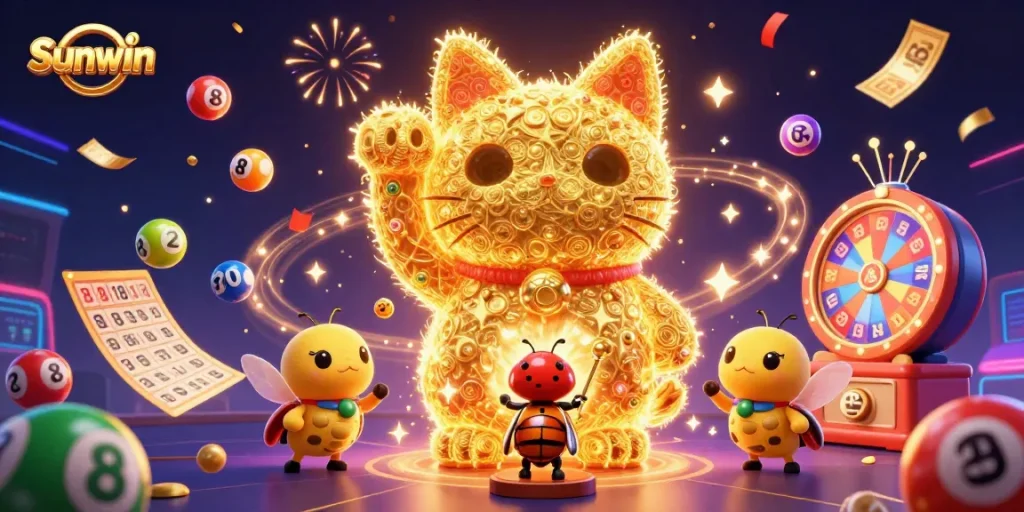 Engage in exhilarating casino fun with Sunwin's lucky cat and vibrant gaming elements.